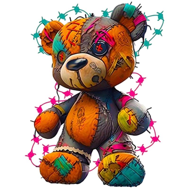 Crewneck T Shirt Black Colorful Patchwork Teddy Bear Graphic Print Casual Streetwear Fashion Unisex Top for Men and Women Daily Wear Outfit