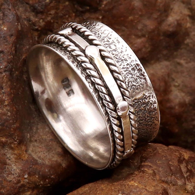 Кольцо из стерлингового серебра 925 пробы, дизайнерское кольцо-спиннер, двухцветное кольцо ручной работы, кольцо для медитации, для нее, серебряное кольцо от тревоги, кольцо подружки невесты