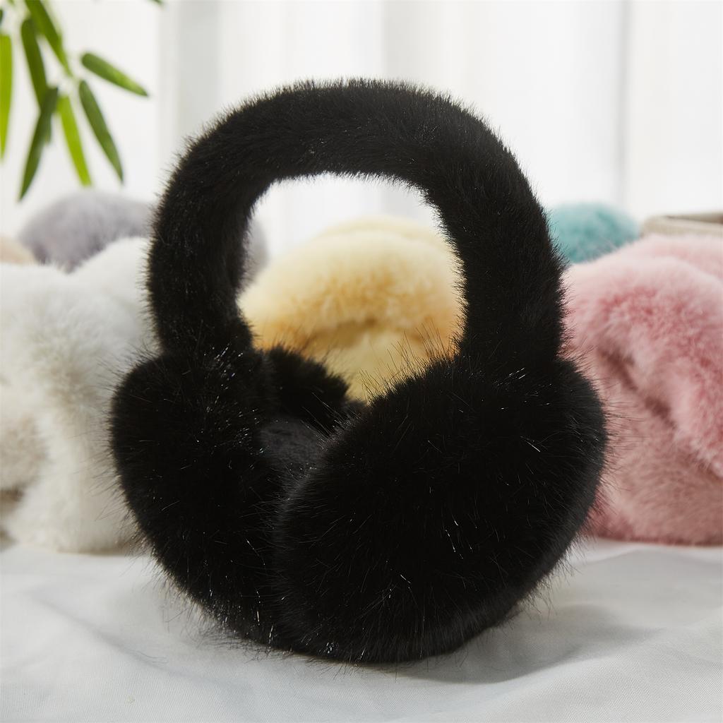 Foldable Earmuffs Winter New Fashion Simple Black Long Faux Rabbit Fur Earmuffs for Woman Man Christmas Party Gifts