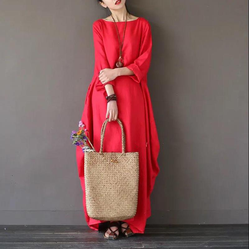 M5xl And Cotton Linen Summer 34 Sleeved Full Length Large Size Loose Casual Solid Color Dress