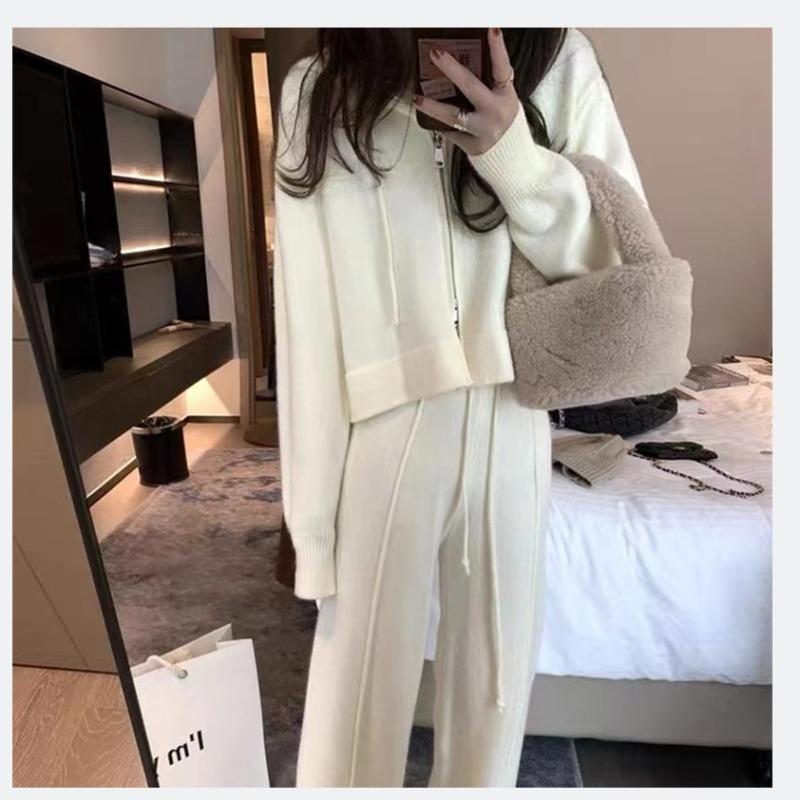 Women's Autumn and Winter Hooded Zip Knit Cardigan Wide Leg Pants Two Piece Set