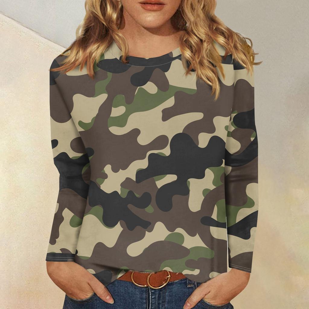 Женская модная повседневная футболка с длинным рукавом и круглым вырезом с камуфляжным принтом