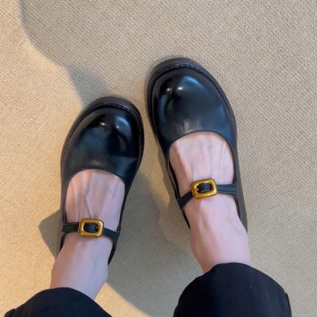 Туфли из овчины в ретро-британском стиле с круглым носком, женские туфли Мэри Джейн из кожи на толстом каблуке, легкие туфли с открытым носком