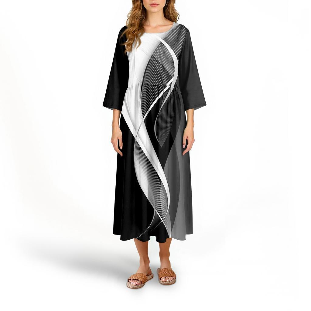 Женское модное платье свободного кроя с принтом, круглым вырезом и рукавом три четверти