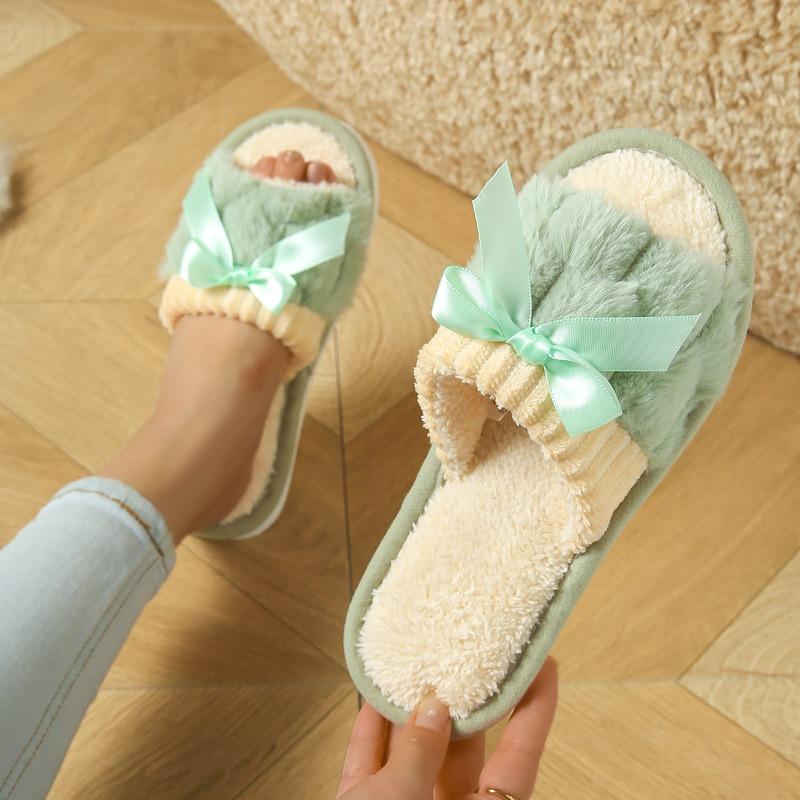 Теплые тапочки с бантовым декором, повседневные плюшевые туфли с открытым носком, удобные домашние тапочки