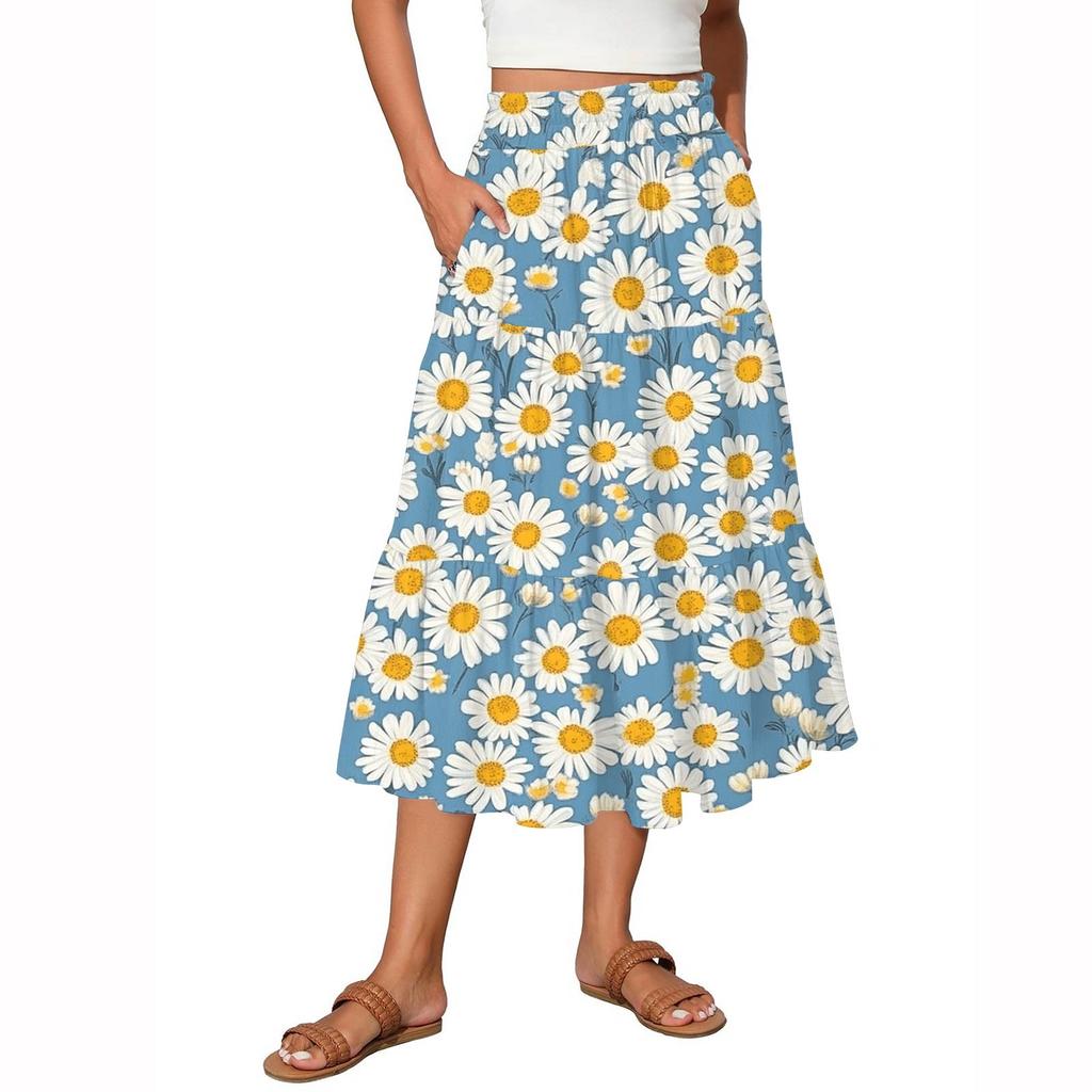 Women's Flowy Flared Ruffle Hem A Line Maxi Skirts Elastic Waist Elegant Tiered Layer Boho Long Skirts