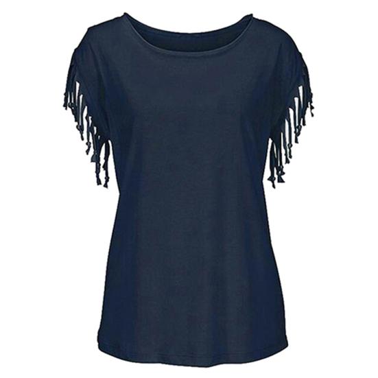 Летняя женская повседневная однотонная свободная футболка с круглым вырезом и коротким рукавом с кисточками, топ