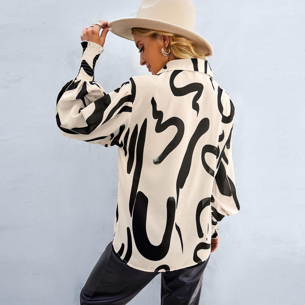 Весенне-осенняя женская блузка-рубашка с воротником-поло контрастного цвета с принтом и длинными рукавами, свободные повседневные топы