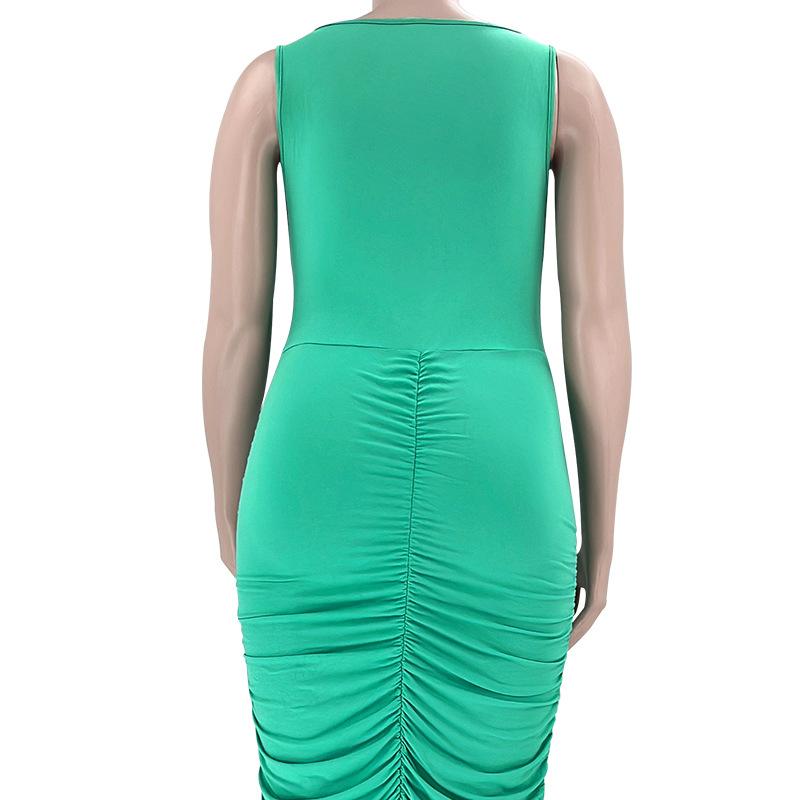 Плюс Размер Женщин Мода Сексуальное Однотонный U Образный Вырез Без Рукавов Плиссированное Раздельное Платье