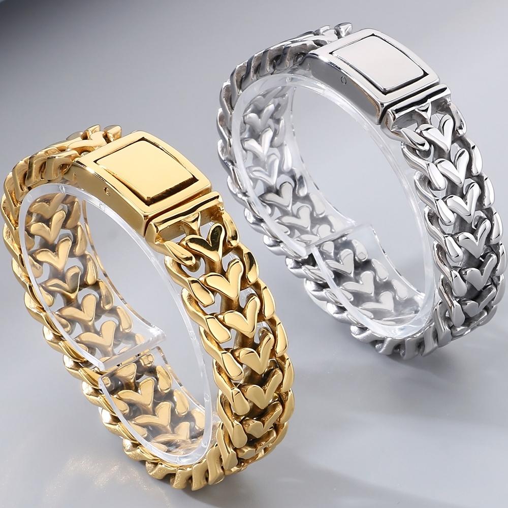 Man Bracelets for Men Gold Color Stainless Steel 16MM Width Heart Shape Chain Bracelet Men's On Hand Wrist Jewelry Accessories