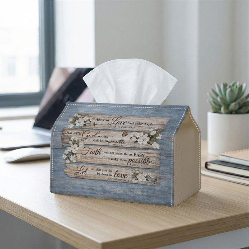 2D Flat 1pc Vintage Religious Decorative Tissue Box - Faith Quote Floral Durable Storage Organizer for Kitchen, Living Room, Bedroom, Car & Parties -