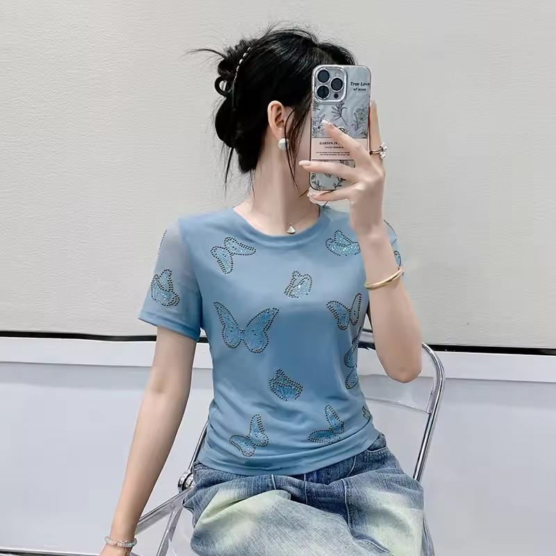 Новая облегающая футболка-сетка с позиционированием Hot Diamonds 'Бабочка' Женские летние топы с коротким рукавом Сексуальная девушка Повседневная уличная одежда Футболки Одежда