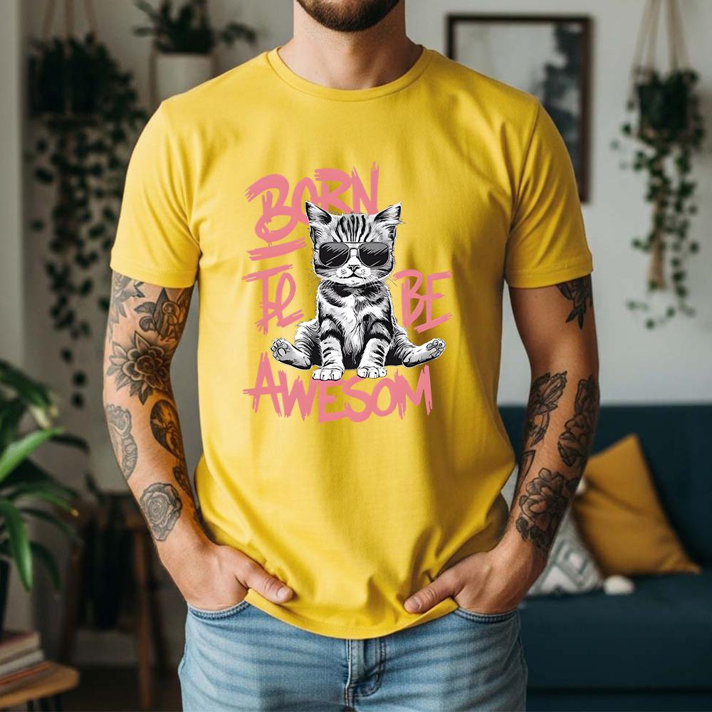 New Summer Unisexs 100 Cotton TShirt Cool Cat Born To Be Awesome Streetwear Casual Breathable Short Sleeve