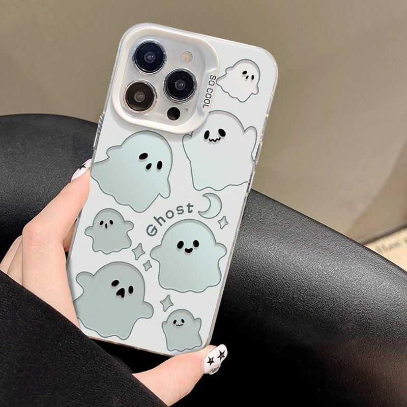 Подходит для Apple 15promax Чехол для мобильного телефона iPhone 13/12 Cartoon Full Screen Small Ghost Xs/xr Цвет серебристый матовый