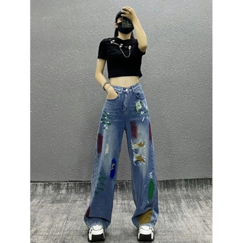 Womens High-Waisted Wide Leg Distressed Denim Jeans With Painted Design Loose Fit Straight Cut