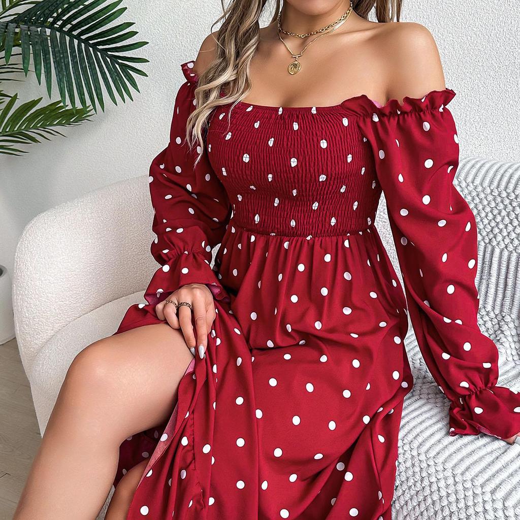 Женское осенне-зимнее темпераментное однотонное плиссированное платье в горошек с высокой талией и длинными рукавами