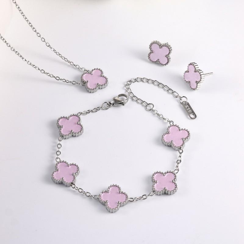 Clover Pendant Necklace Bracelet Earring Set 13mm 18K Gold Plated Stainless Steel Jewelry Women Men Fresh Sweet Style