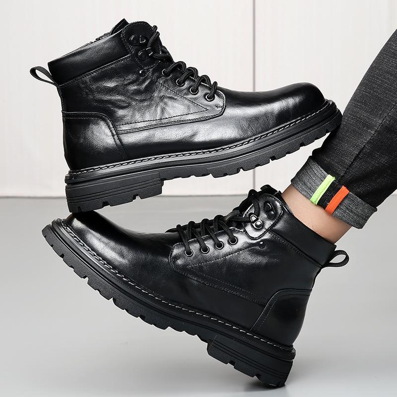 First layer cowhide autumn and winter Martin boots men's British tooling boots fleece thermal leather boots leather high-top men's shoes