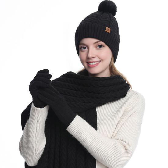 Зимний комплект шапка, шарф, перчатки для женщин, флисовая подкладка, шапка-бини с помпоном, длинный шарф