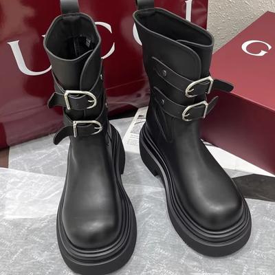 Платформа Дизайнерские женские зимние ботинки из кожи средней длины на среднем каблуке Модные мотоциклетные ботинки Трендовые готические зимние женские ботинки Zapatos