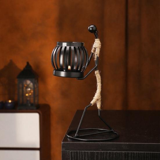 Human Figure Iron Candle Holder Handmade Metal Jute Rope Candlestick Nordic Boho Home Decor for Dining Table Bar Countertop Wedding