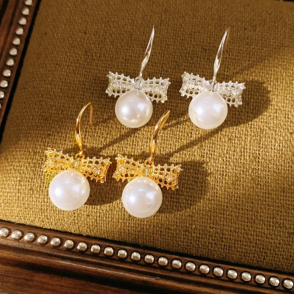 Simulation Freshwater Pearl Bow Pearl Long Earrings Shell Beads Ear Hook Drop Earrings Girls Gift