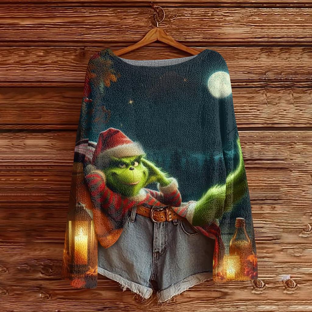 Women's Fashion Round Neck Long Sleeve Christmas Print Casual Knit Pullover Top