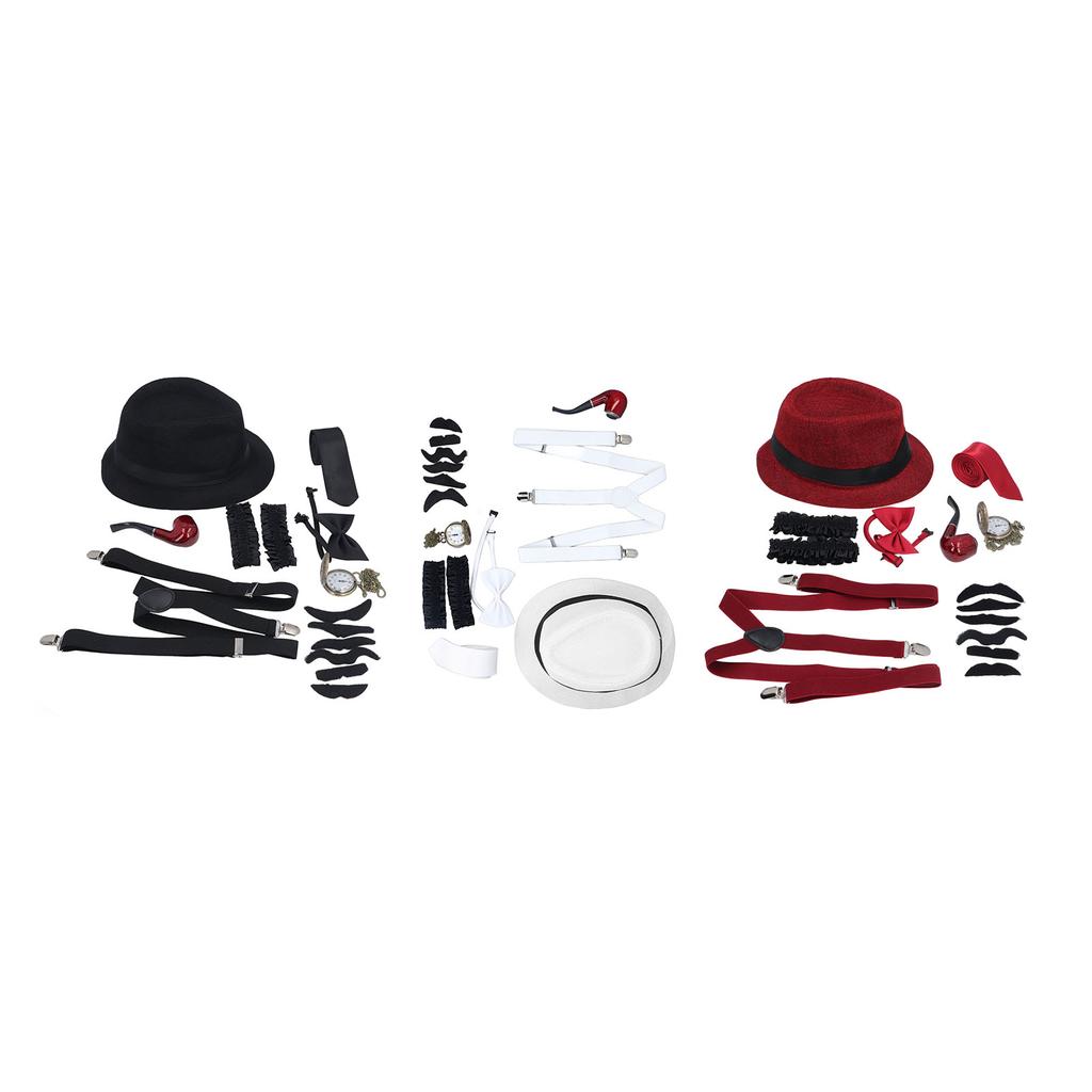 8 Pieces 1920s Grandpa Old Man Costumes Set with Suspenders Hat Watch Pipe Bow Tie Glasses Beard Kid