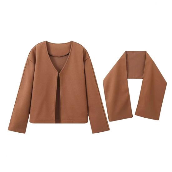 Женское пальто с шарфом, V-образным вырезом, свободным длинным рукавом, кардиганом, короткой курткой с шалью, однотонная повседневная верхняя одежда для поездок на работу и обратно на весну и осень