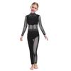 Girls Dance Performance Jumpsuit Full Body Leotard Long Sleeve Mock Neck Mesh Patchwork Keyhole Back Bodysuit