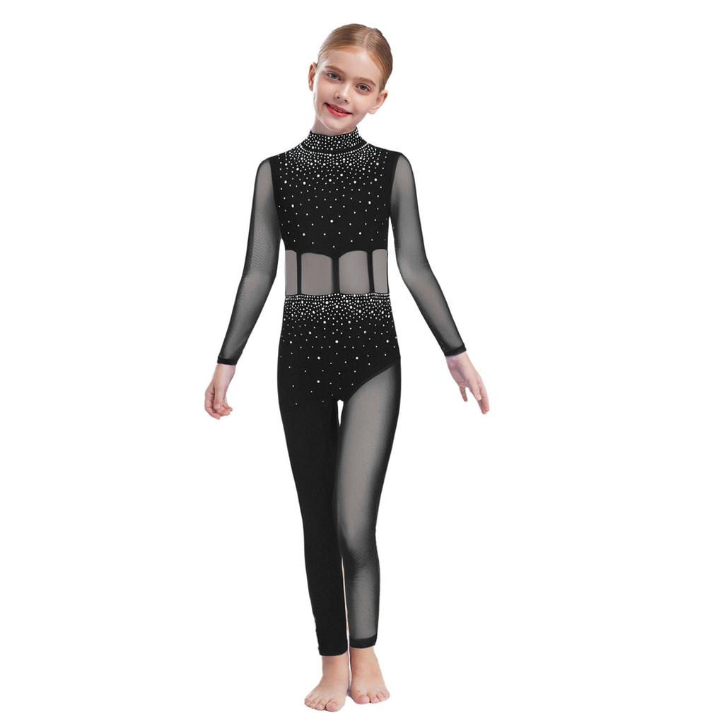 Girls Dance Performance Jumpsuit Full Body Leotard Long Sleeve Mock Neck Mesh Patchwork Keyhole Back Bodysuit
