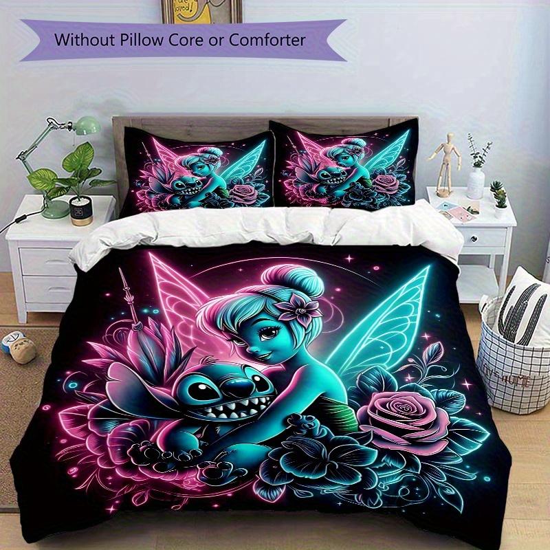 3pcs Tinker Bell and Stitch Quilt Cover Set (1 Quilt Cover + 2 Pillowcases Without Pillow Core), High-Definition Printing for Home and Dormitory.