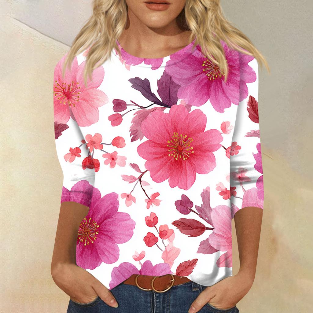 Women's Fashion Casual Round Neck Three-quarter Sleeve Gradient Print T-shirt Top