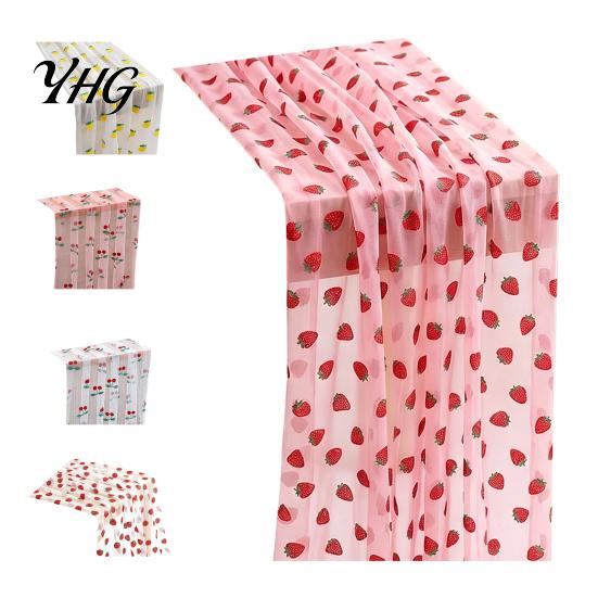 Decorative Tulle Table Runner Sheer Runner, Strawberry Cherry Lemon Pattern, Summer Overlay, Seasonal Fruit for Birthday Party Wedding Decor