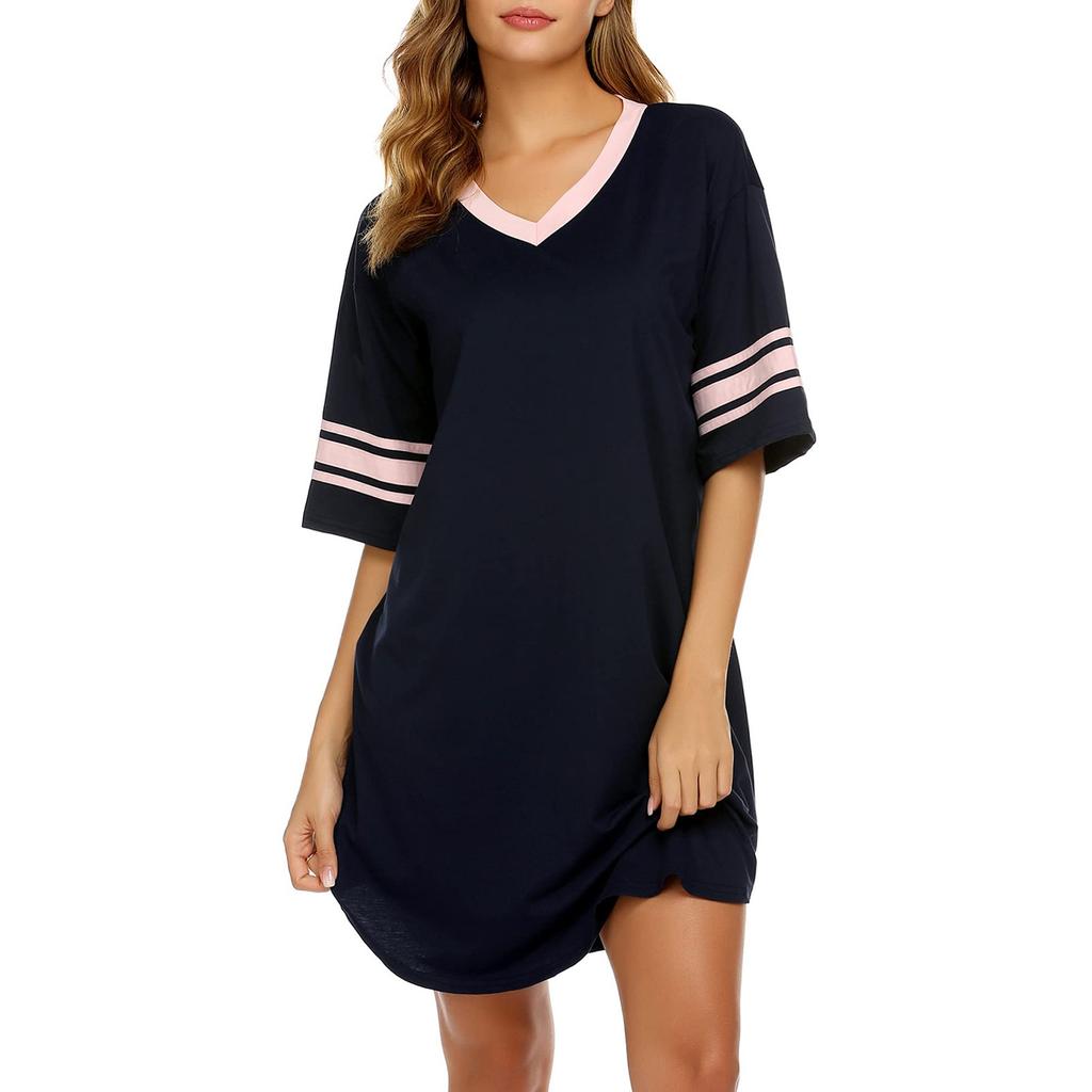 Women's Nightgown Cotton Sleep Shirt V Neck Short Sleeve Loose Comfy Pajama Sleepwear