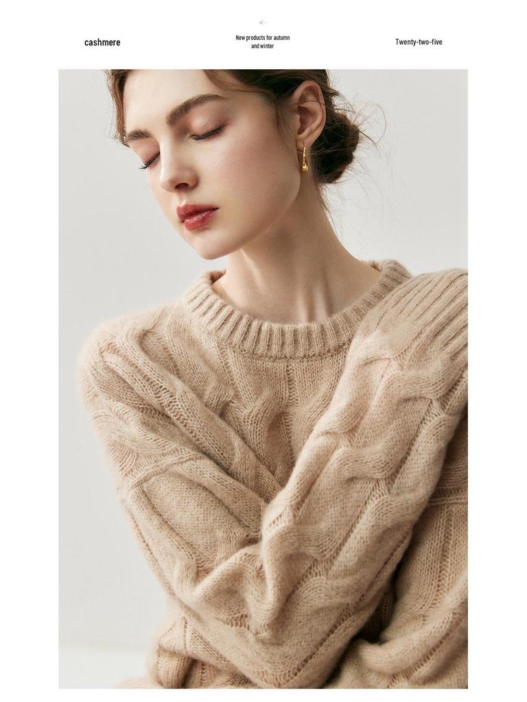 Женский пуловер из тяжелого кашемира крупной вязки «косы» - осенне-зимний свитер с длинным рукавом и круглым вырезом