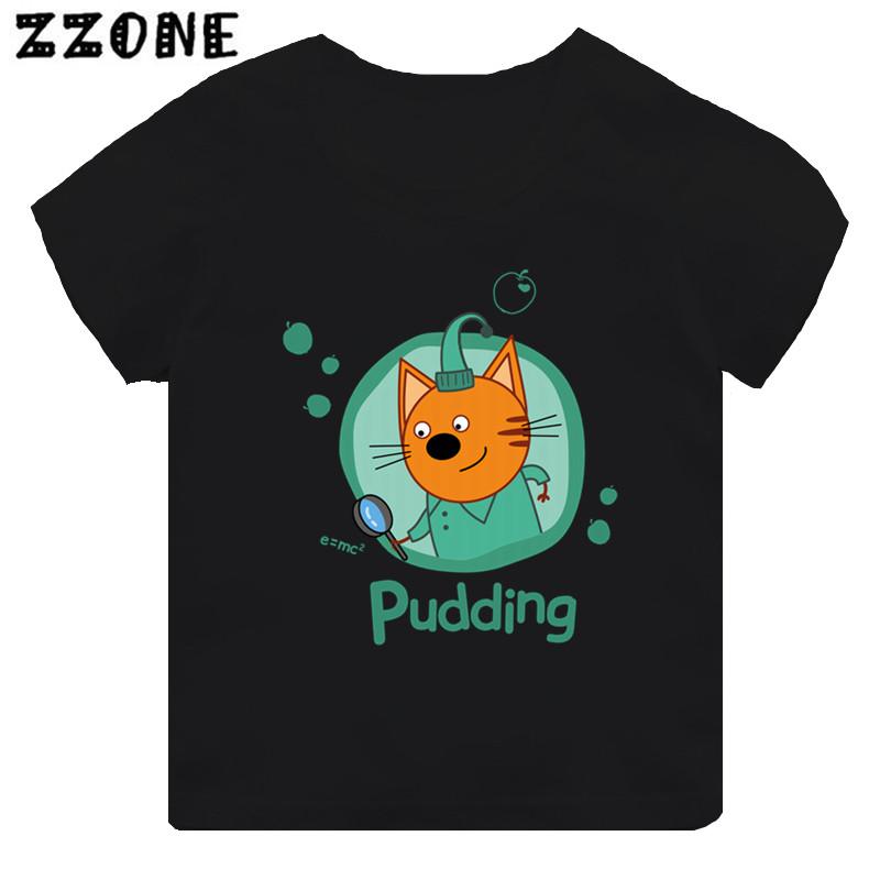 Hot Sale Kidecats Three Kitten Russian Cartoon Print Kids Tshirt Girls Clothes Baby Boys Black T shirt Children TopsTH5411