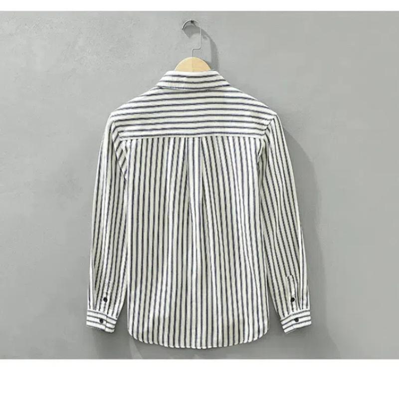 Рубашка в полоску с длинным рукавом в японском стиле в стиле ретро для мужчин, молодежная, 100% хлопок, повседневные свободные рубашки с карманом, мужская одежда на весну/осень
