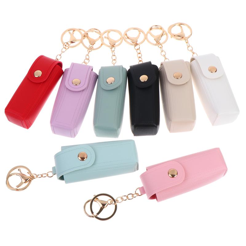 Solid Color Pu Leather Portable Mini Lipstick Pouch Keychain Mirror Pendant Keyring Fashion Storage Bag Women Makeup Accessories