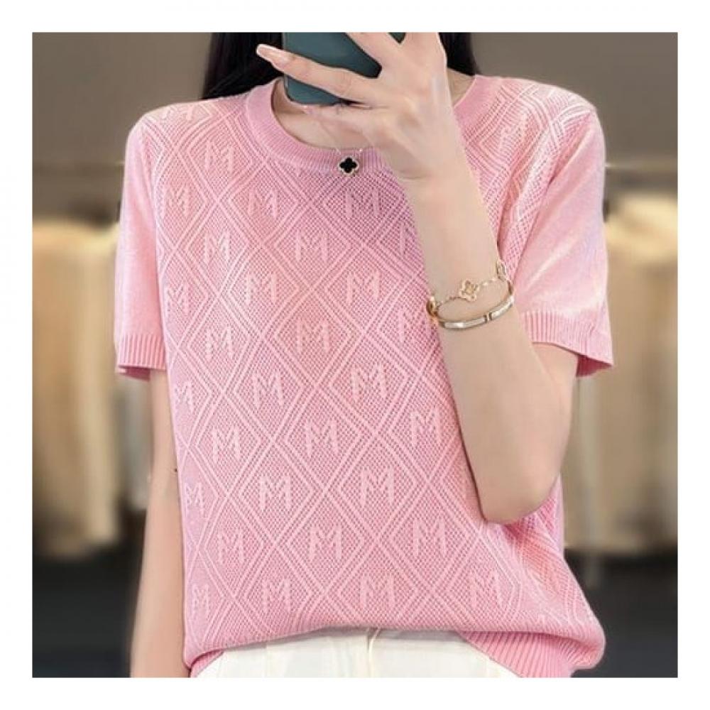 Navava Nk2152 Embossing AlphabeT Simple ShorT Sleeve KniT T shirT