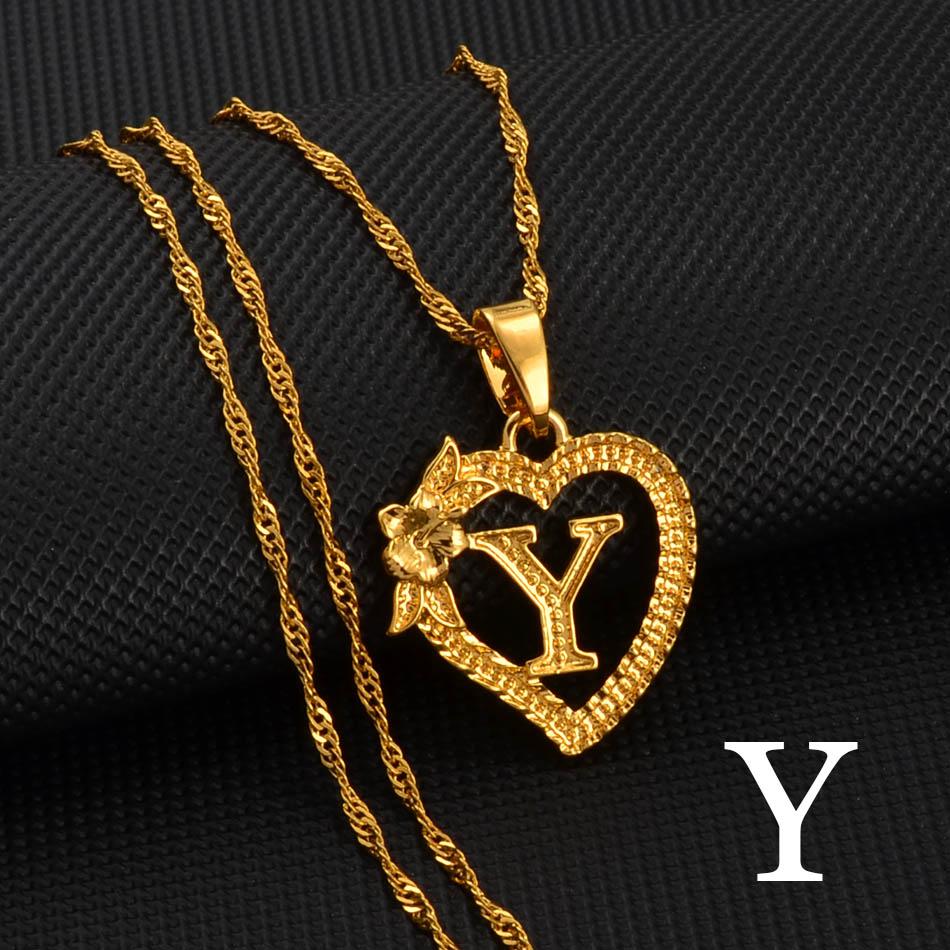 Anniyo 1Piece / A-Z Heart Letters Pendant Necklaces For Women Girls Charm Flower Initial Jewelry Alphabet Chains African #232706