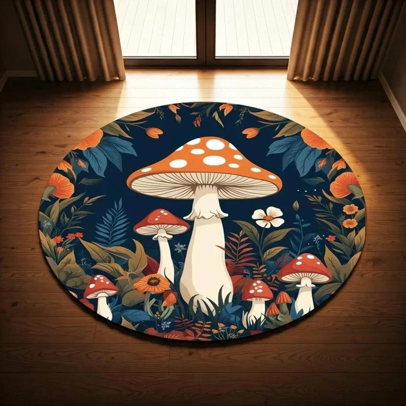 Vintage Mushroom Round Area Rug Dark Botanical Floral Border Non Slip Circle Carpet for Living Room Bedroom Decor