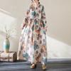 Весна Осень Цветочный Принт Круглый Вырез Ретро Свободное Длинное Платье Длинный Рукав Хлопок Льняное Платье Женская Одежда