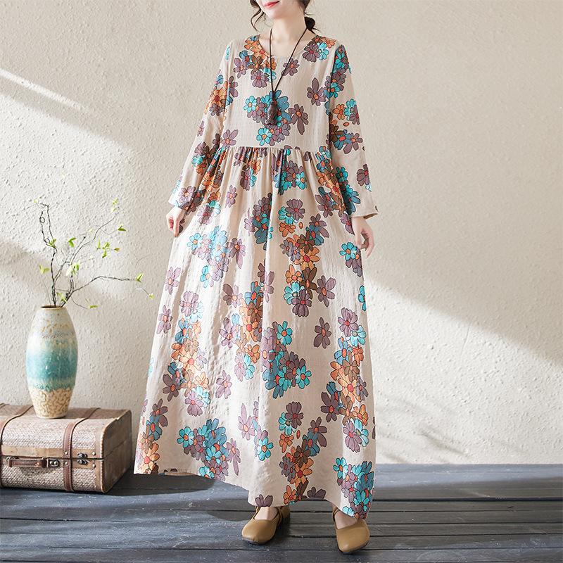 Весна Осень Цветочный Принт Круглый Вырез Ретро Свободное Длинное Платье Длинный Рукав Хлопок Льняное Платье Женская Одежда