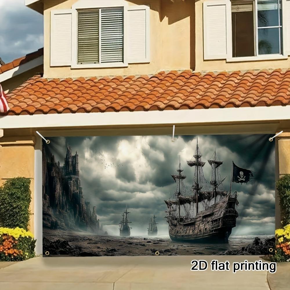 2D flat plate, 2D door curtain, 1 pirate ship garage sign - 2D flat printing of an abandoned pirate ship pattern