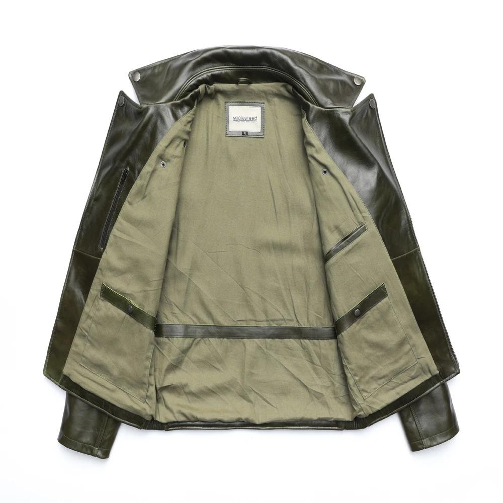 Chinese Size Unique Army Green Motorcycle Jacket Men Leather Jacket 100% Oil Wax Cowhide Motor Biker Jacket Male Leather Coat Winter M455