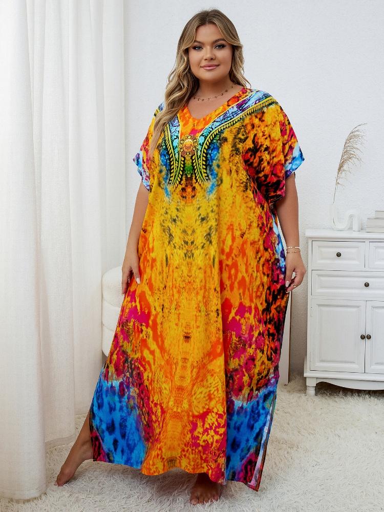 EDOLYNSA Желтый кафтан, женское богемное длинное платье больших размеров, свободное платье Moo Moo, дышащий купальный костюм для отдыха и отпуска, накидка Q1415
