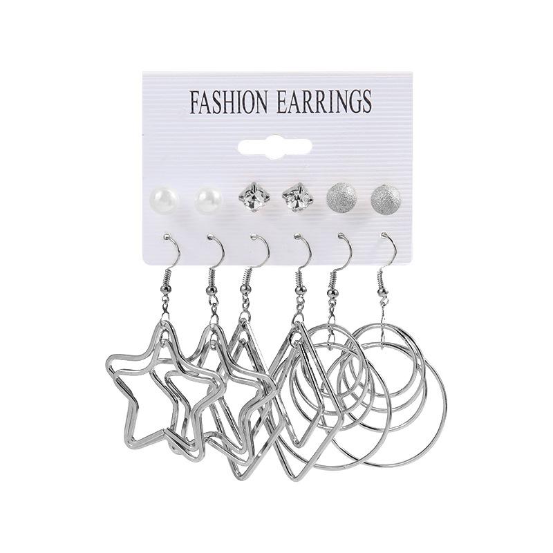 European and American personality trend five-pointed star circle alloy earrings INS wind pearl diamond stud earrings 1 pair