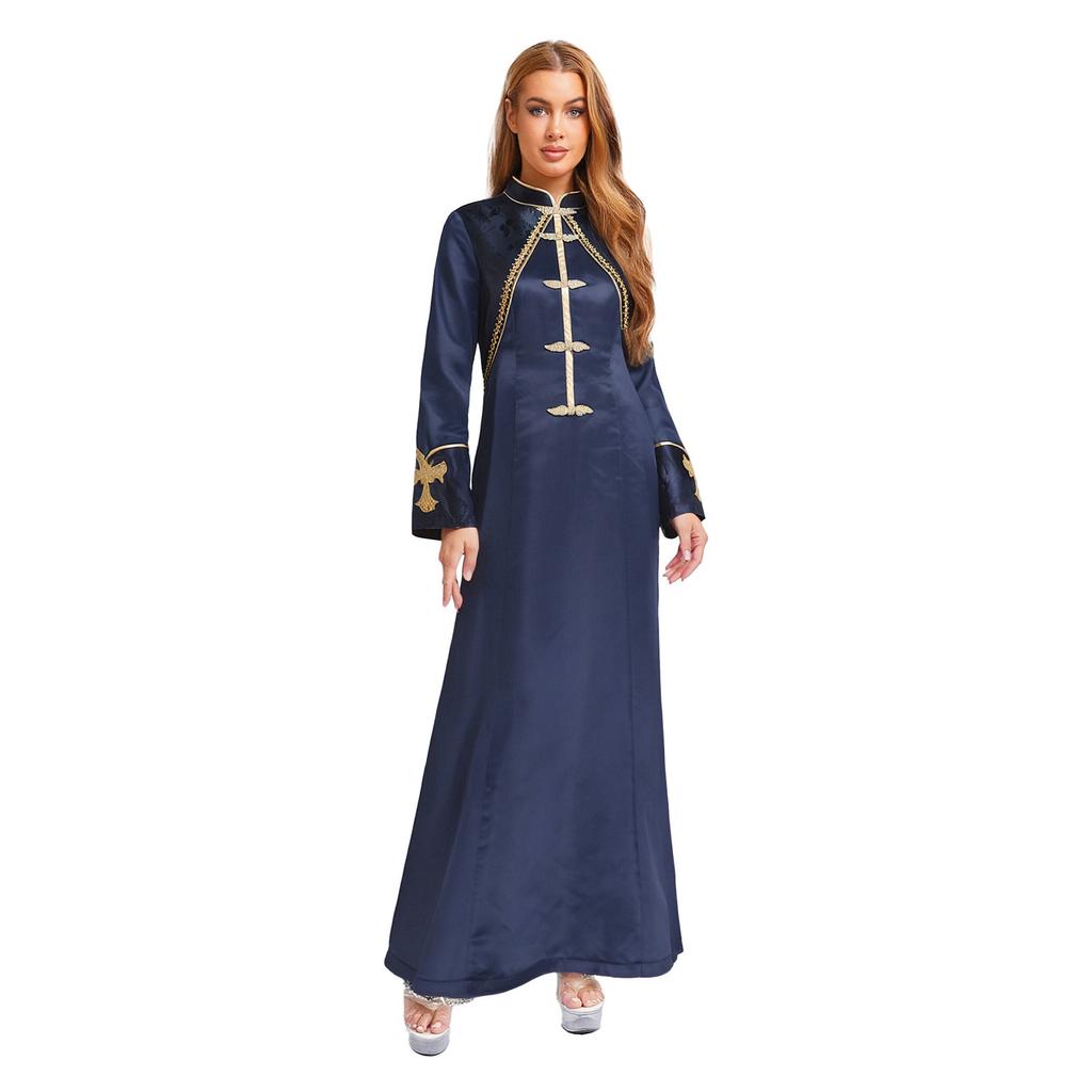 Womens Clergy Long Robe Dress Gold Cross Embroidery Lace Button Decor Stand Collar Long Sleeve Cassock