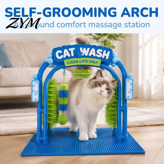 Anti Slip Grooming Arch Cat Wash Station, Self Groomer, Car Stress Relief for Cats Design, Soft Rubbing Brushes, Massager Scratcher Indoor Massage